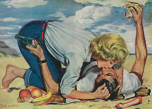 woman-kissing-man-on-picnic-blanket-illustration